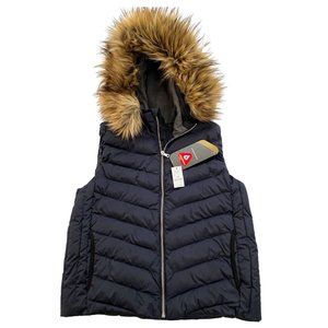 GAP Primaloft Luxe Women Fur Trim Hood Puffer Navy Vest Size Medium Petite NWT